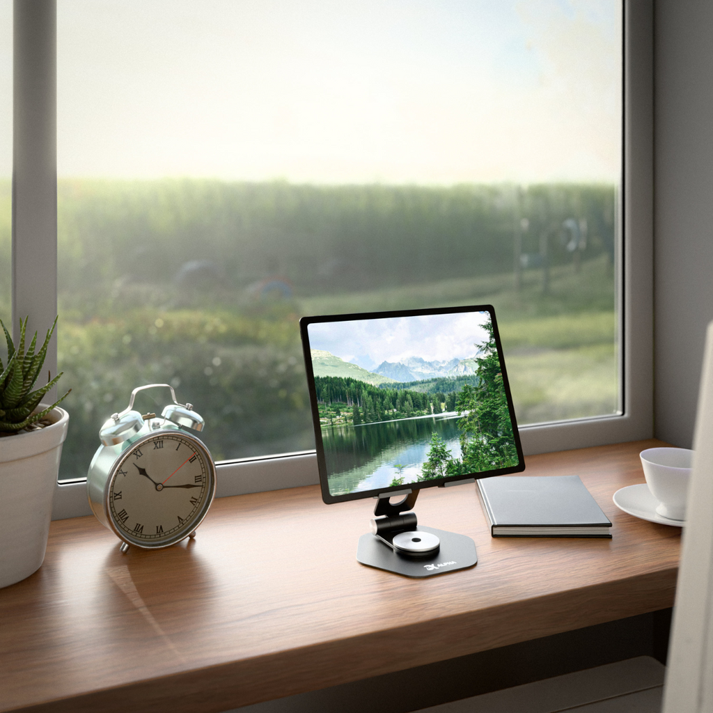 Tablet op de Alpha Desk Companion tijdens het thuiswerken
