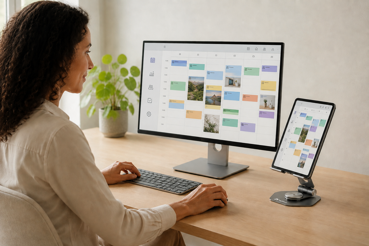 Verstelbare Alpha Desk Companion met tablet naast een laptop op een thuiswerkbureau