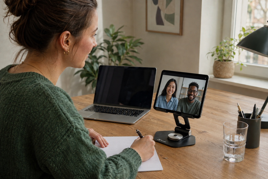 Tablet op de verstelbare Alpha Desk Companion tijdens een videogesprek vanuit huis