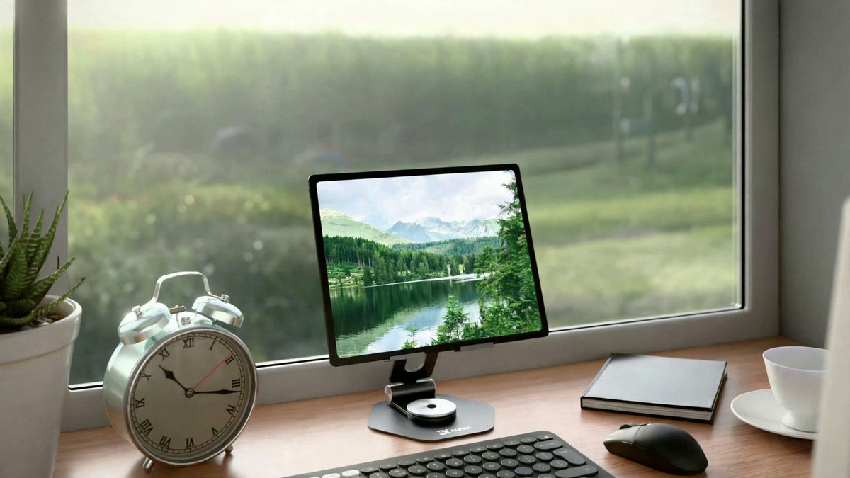 Tablet op de Alpha Desk Companion op een bureau bij het raam, met toetsenbord, muis en wekker
