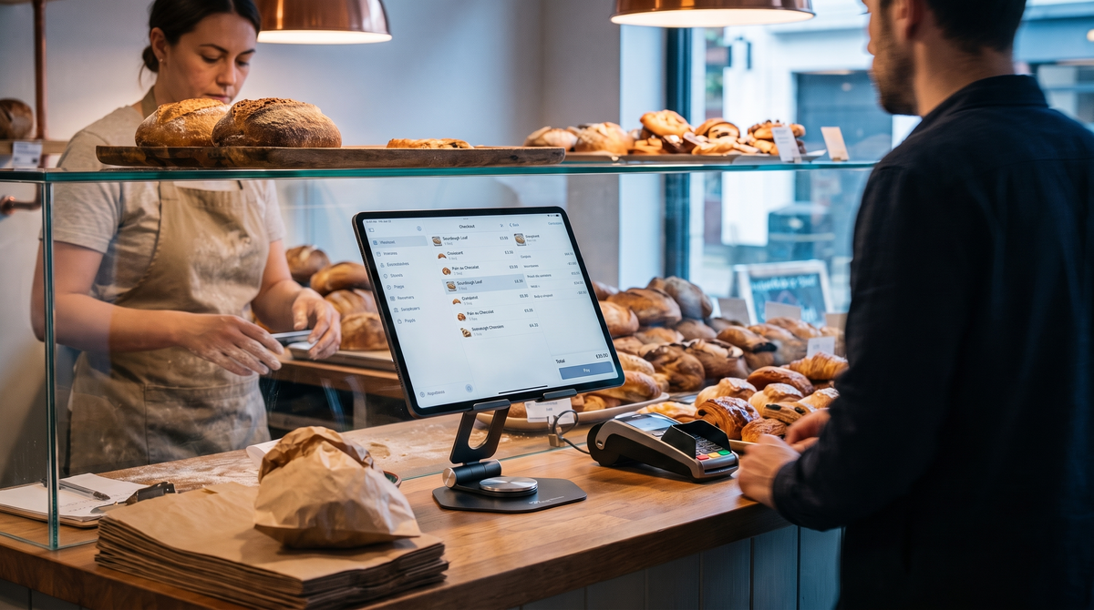 Tablet als kassasysteem op de Alpha Desk Companion, op de toonbank van een bakkerij naast een pinautomaat