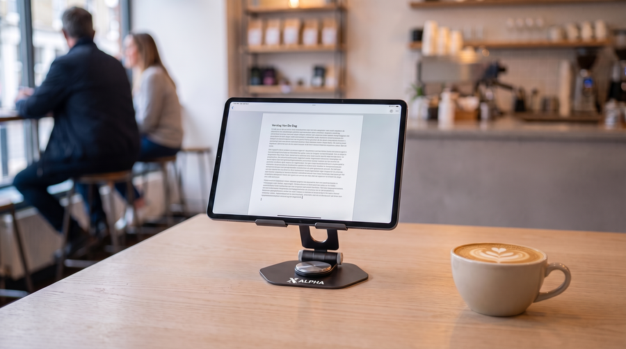 Tablet met een document op de Alpha Desk Companion op een tafel in een koffiezaak, naast een cappuccino